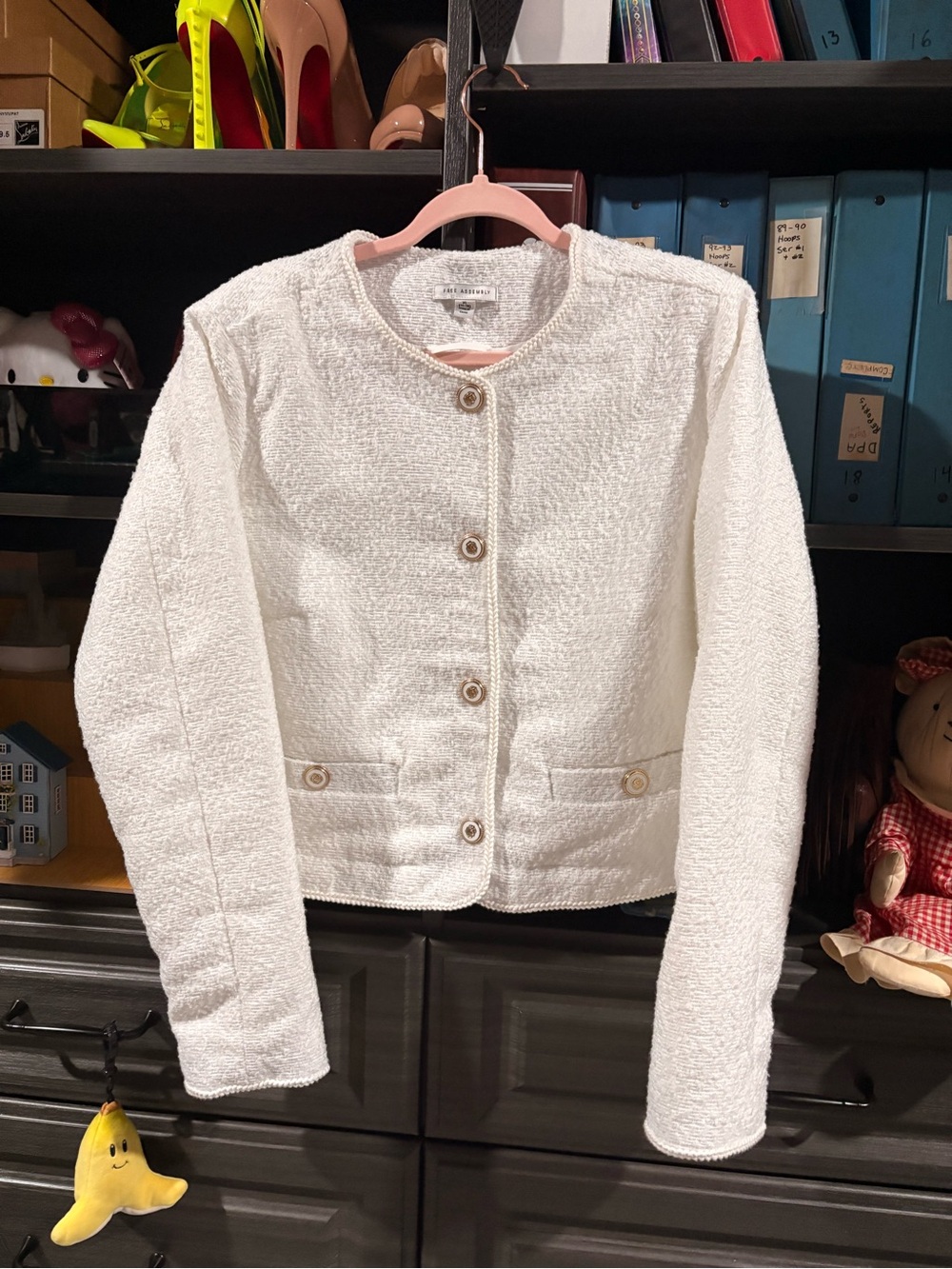 Women's White Bouclé Collarless Jacket - Elegant Suit Blazer